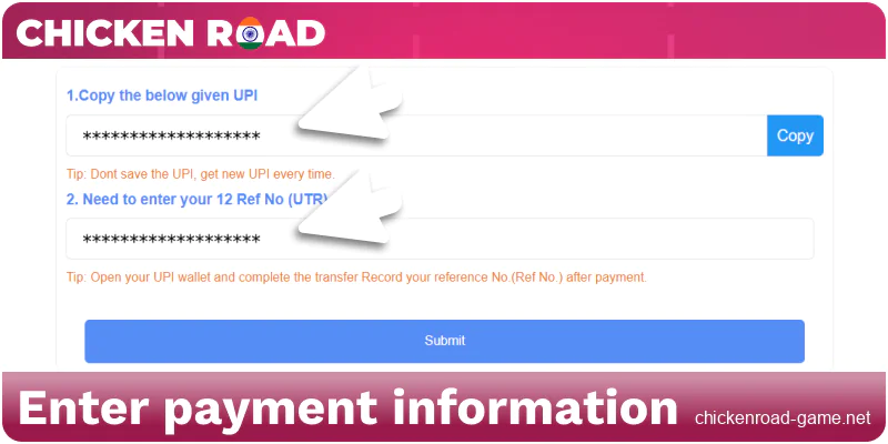 Enter payment details in Chicken Road India